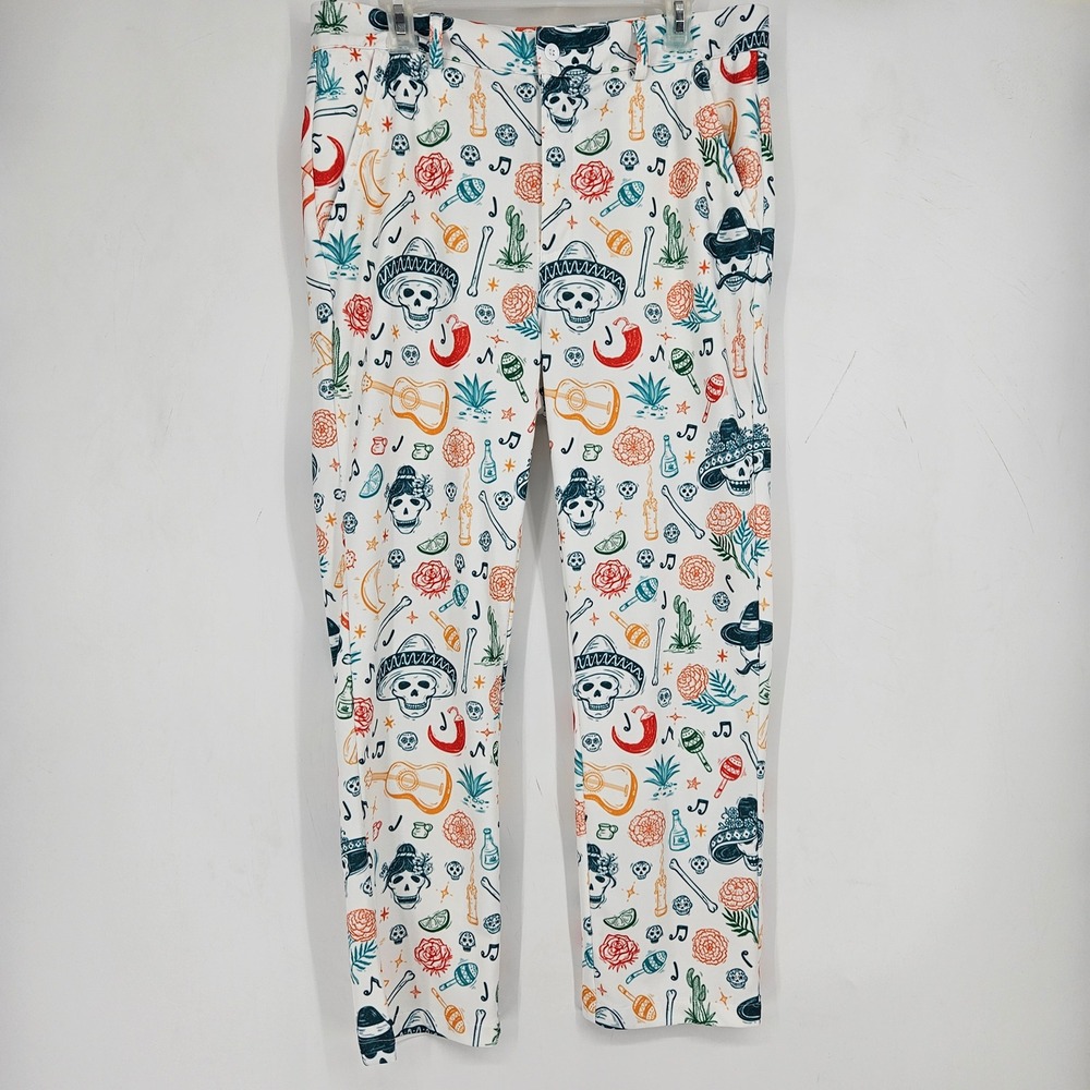 Golf Gentry Pants Mens 33 28 Casual Preppy Performance Skulls Dia De Los Muertos